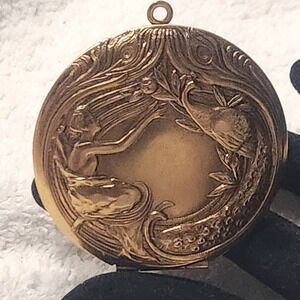 Vintage Art Nouveau Woman and Peacock Round Locket Pendant Brass Tone Jewelry
